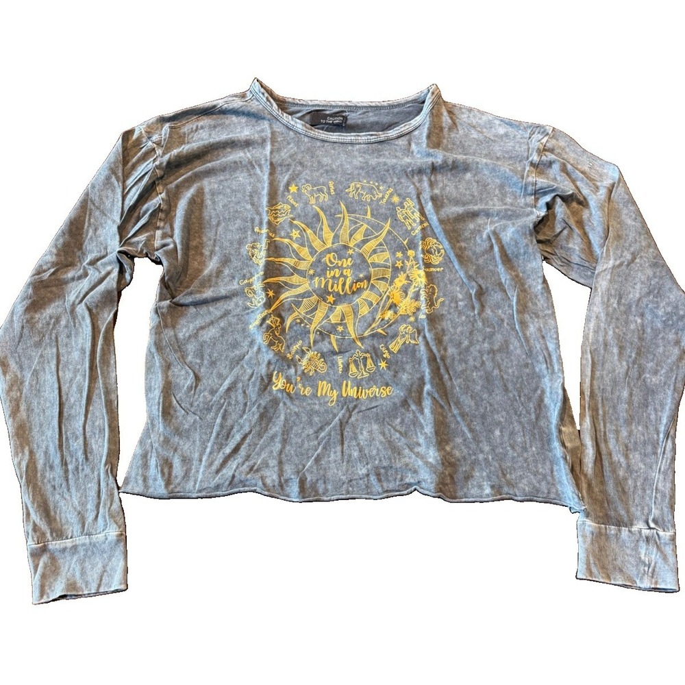 Caution to the Wind Zodiac Sun Moon Acid Wash Crop Long Sleeve Shirt Women M